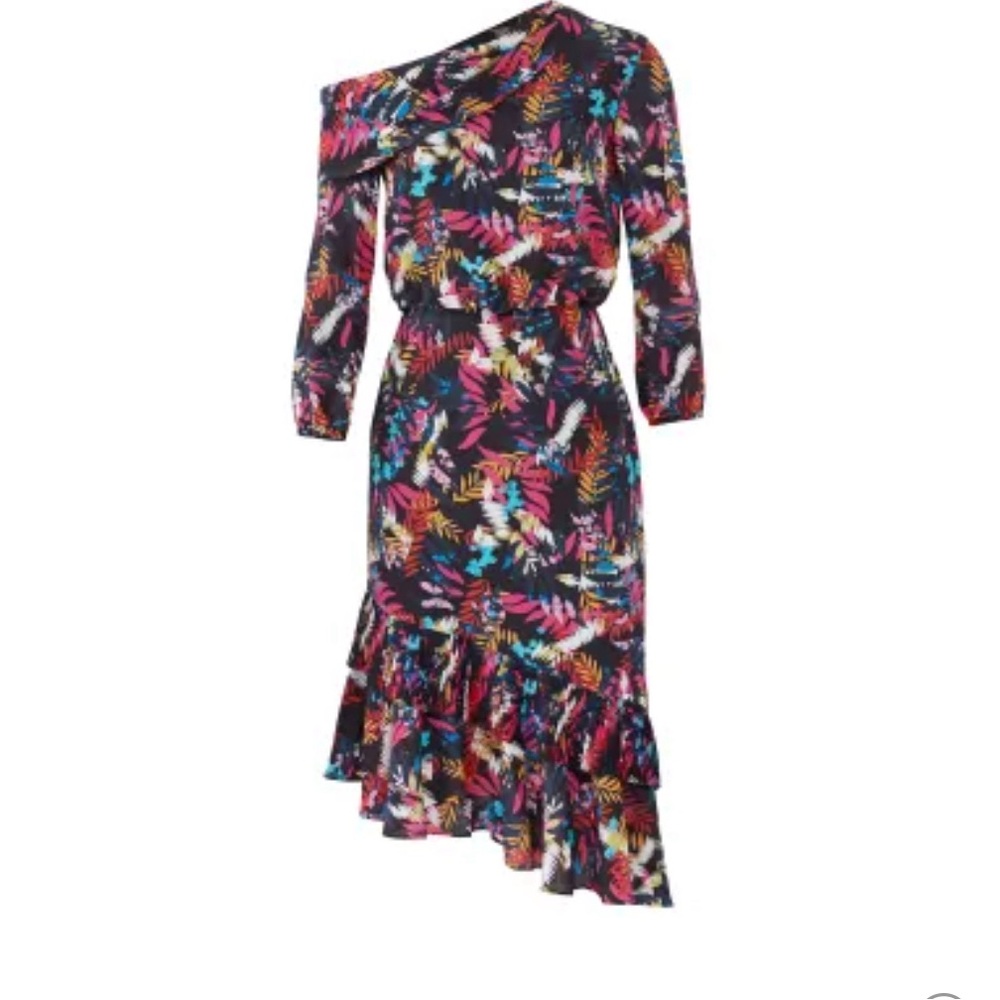 An elegantly draped off-shoulder neckline and vivid fauna print